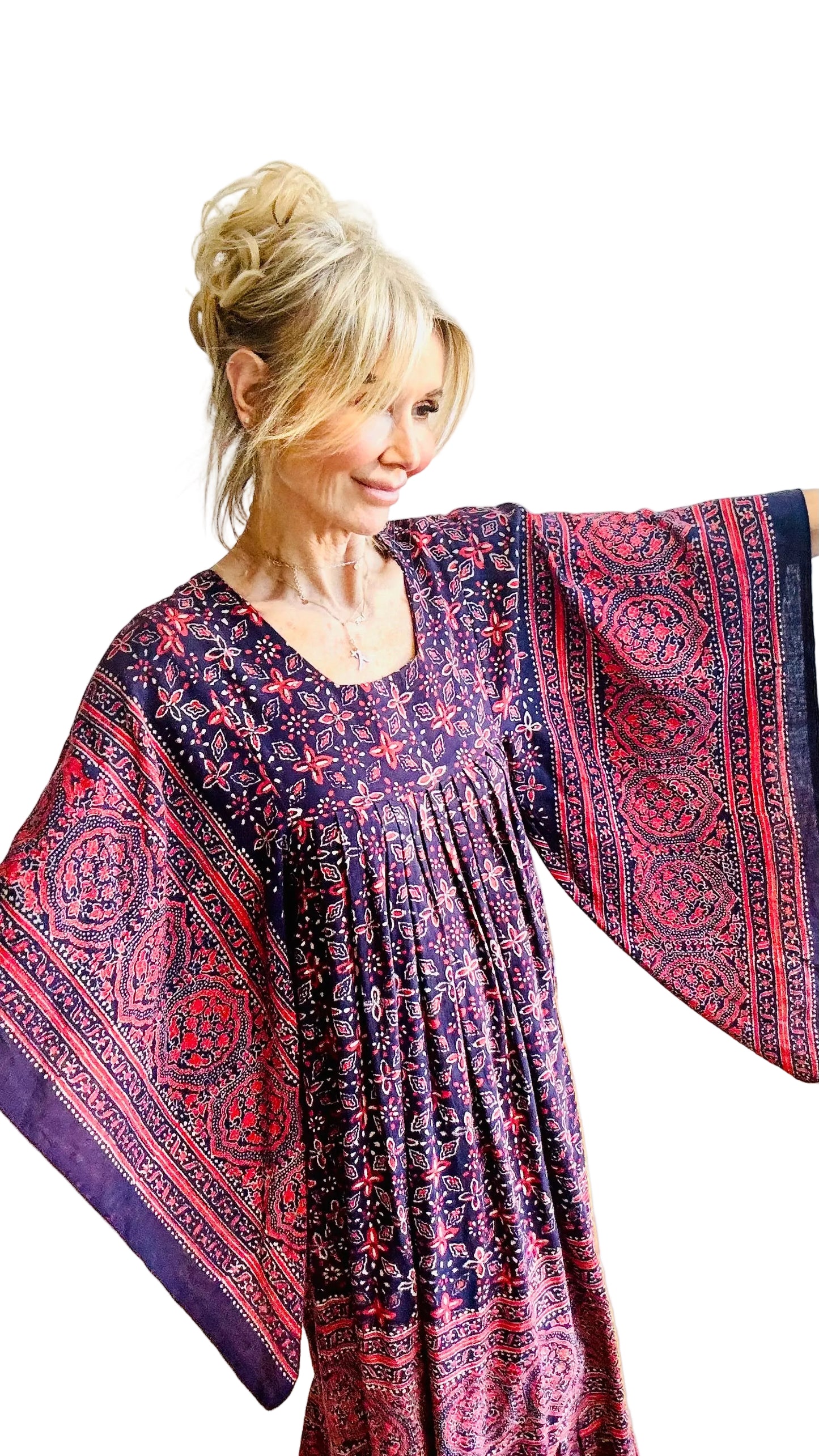 “Mudi” of Carnaby Street Epic Indian Block Print Angel Sleeve Dress