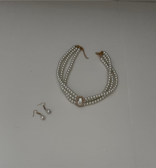 Pearl Choker & Drop Earring Set